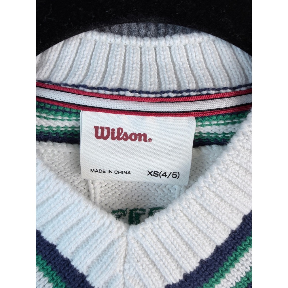 Wilson Kids White V-Neck Cable Knit Sweater Navy Green Stripe Logo XS 4/5 NWT - Picture 2 of 8